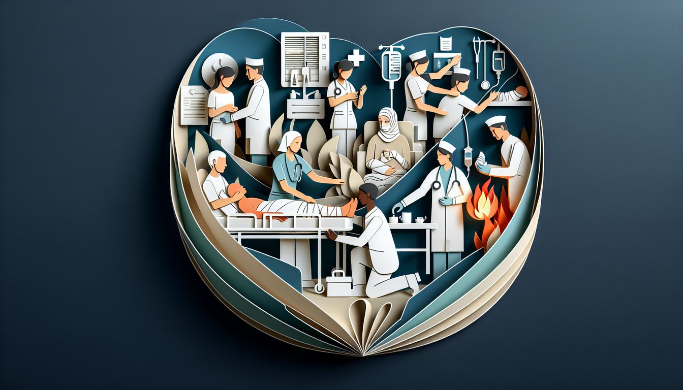 Paper art style illustration of nurse applying burn dressing to arm beside NCLEX quiz sheet icon on dark blue background