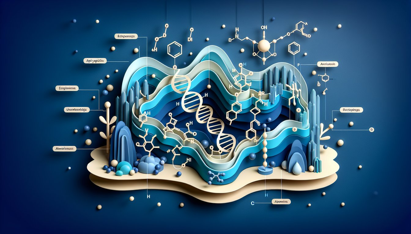 Paper art polypeptide chains on dark blue background with quiz title testing definition formation and structure knowledge