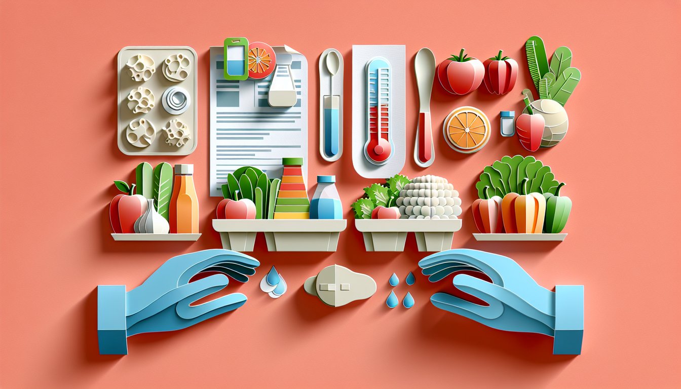 Paper art illustrating a food safety quiz on a coral background