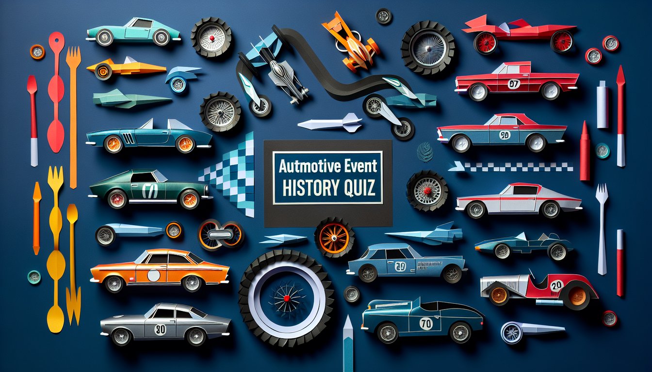 Colorful paper art depicting questions and answers for an Automotive Event History Quiz