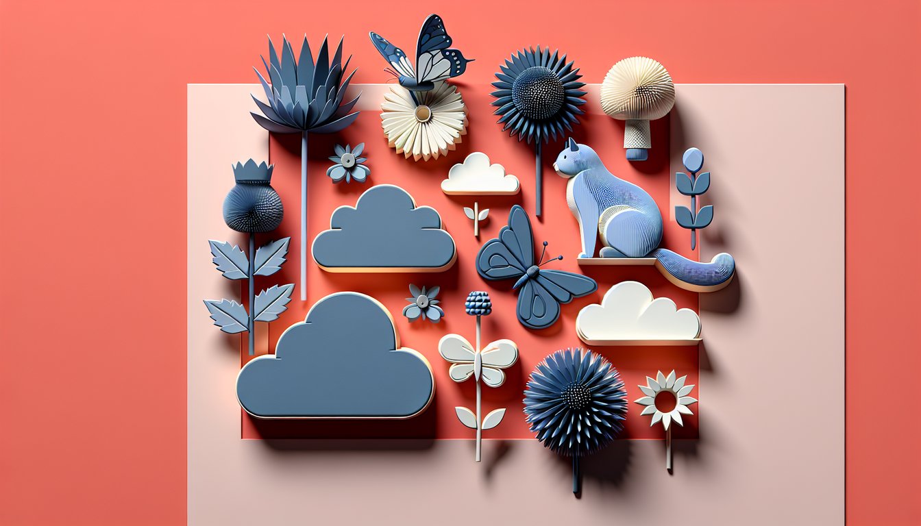 Paper art illustration with layered letters and shapes hinting at alliteration quiz on coral background.