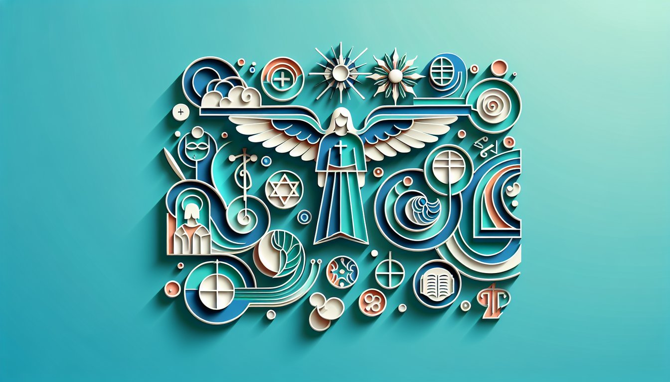 Paper art illustration showing open Bible pages quiz cards and Gospels epistles icons on a teal background