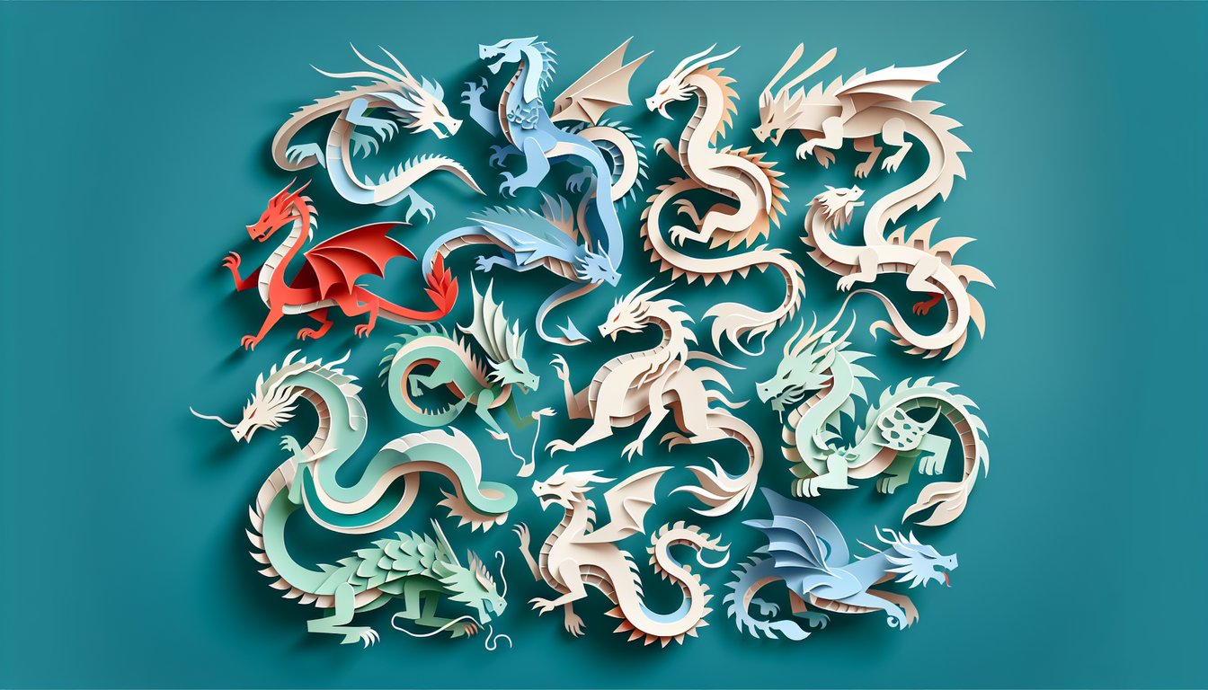 Paper art dragons on teal background suggest a playful personality quiz about finding your perfect mythical companion.