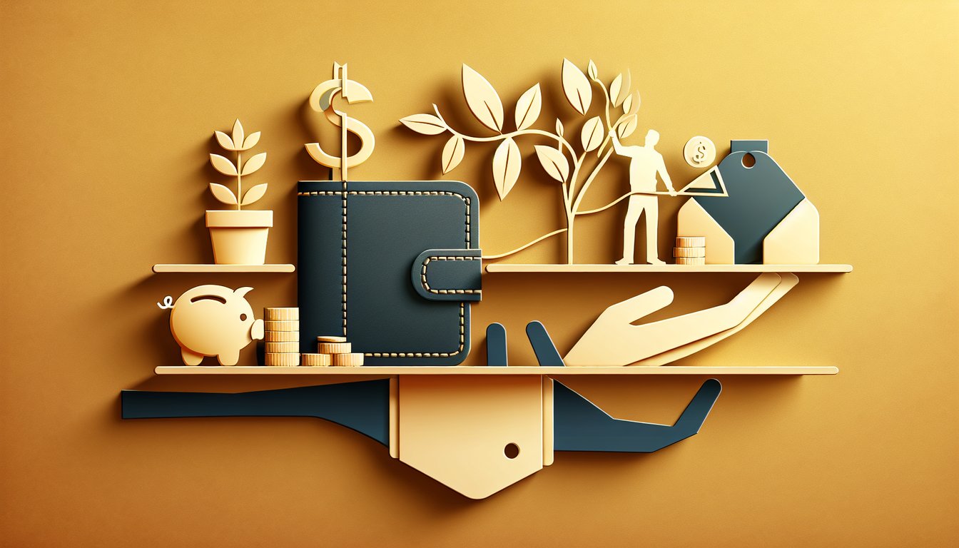 Paper art illustration of hands holding coins and budget chart on golden yellow background for spending habits quiz