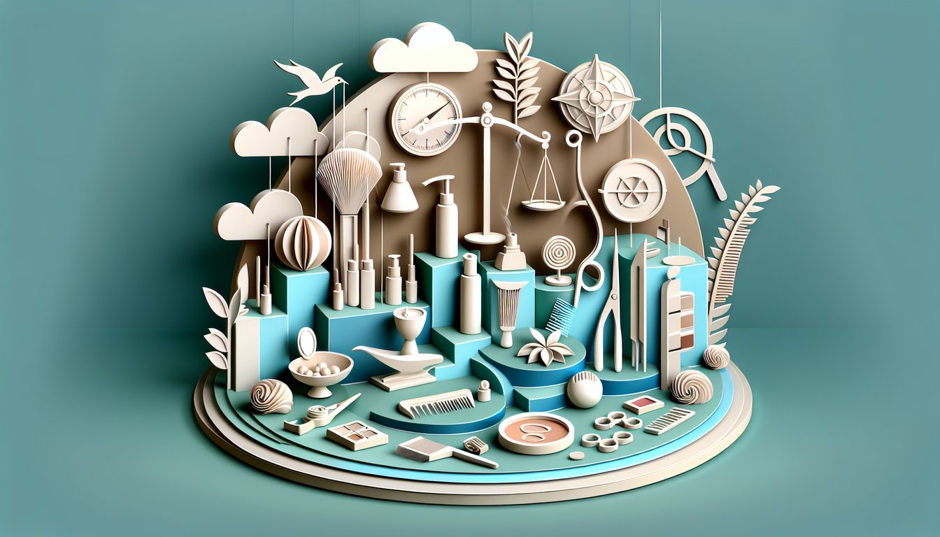 Paper art illustration for Milady Chapter 2 cosmetology goal setting and ethics quiz on teal background