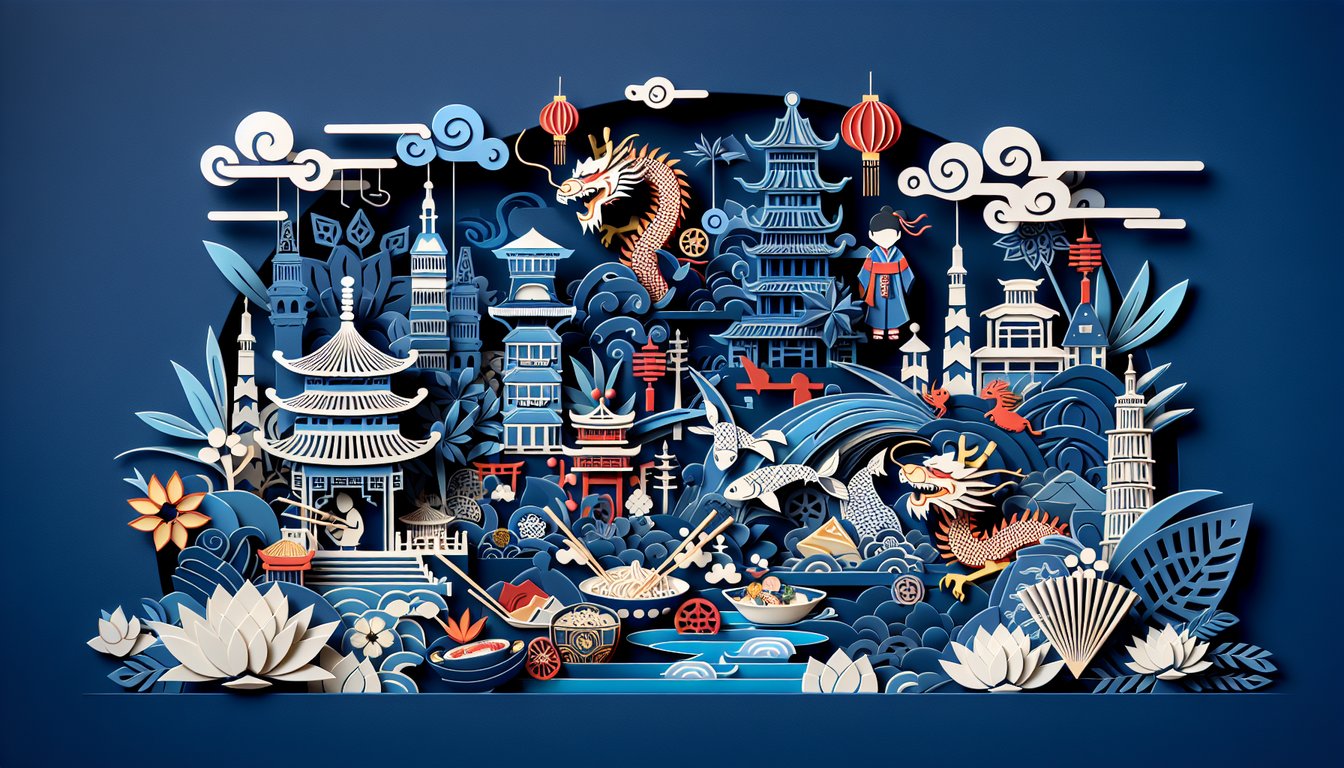 Paper art illustrating an Asian-themed quiz featuring traditions, cuisine, and culture on a dark blue background.