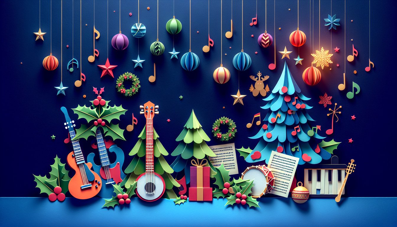 Colorful paper art depicting elements of Christmas music for a trivia quiz