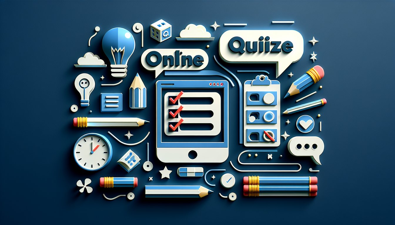 Paper art illustration of a computer monitor with quiz icons and colorful confetti on a dark blue background.