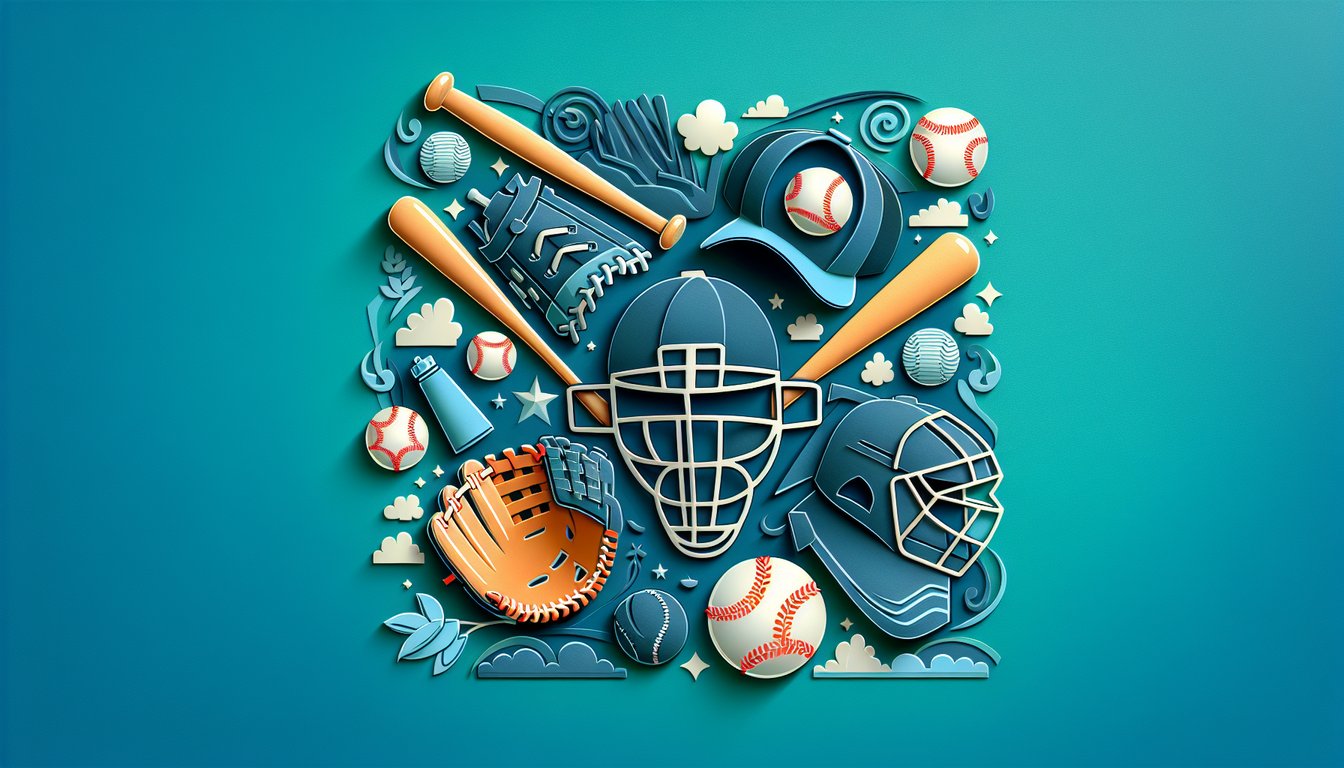 Paper cut style illustration of umpire mask baseball and whistle on teal background for Little League umpiring quiz