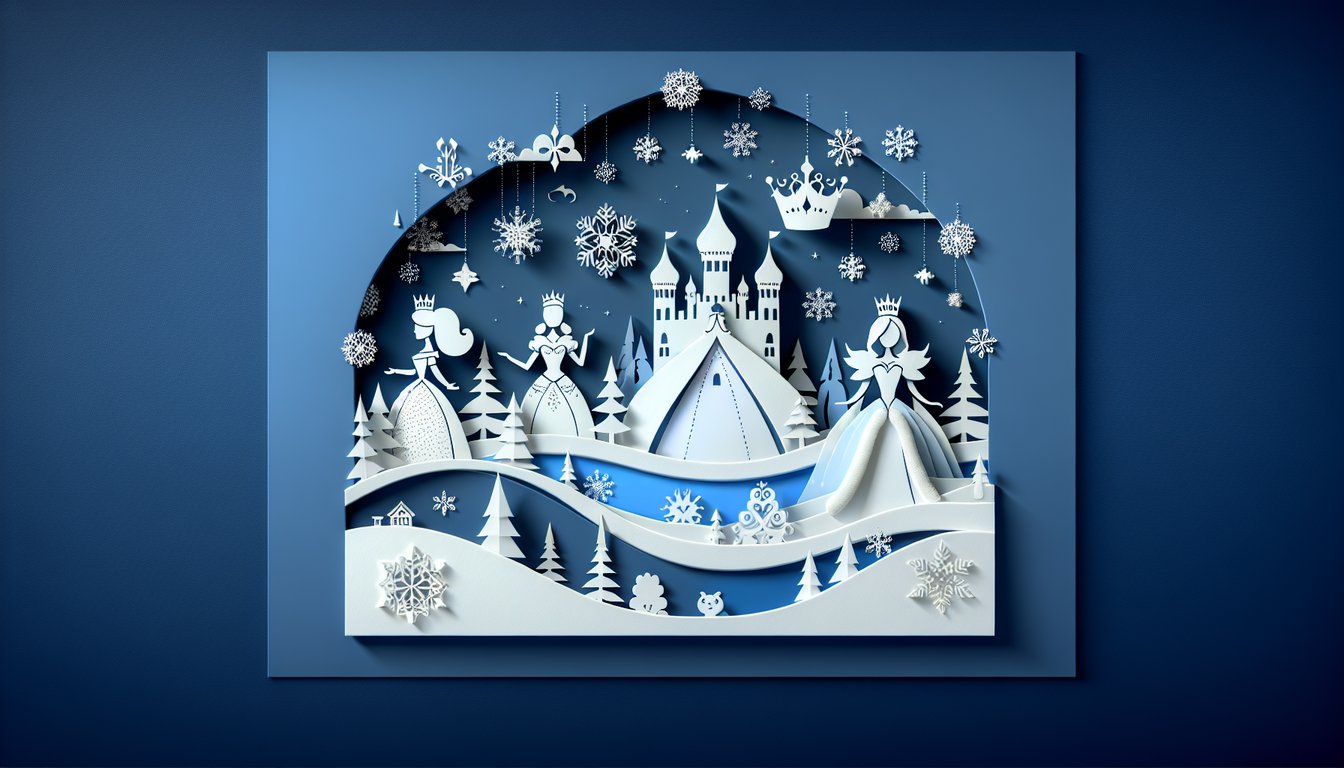 Frozen personality quiz paper art featuring Elsa, Anna, and Olaf on a dark blue background.