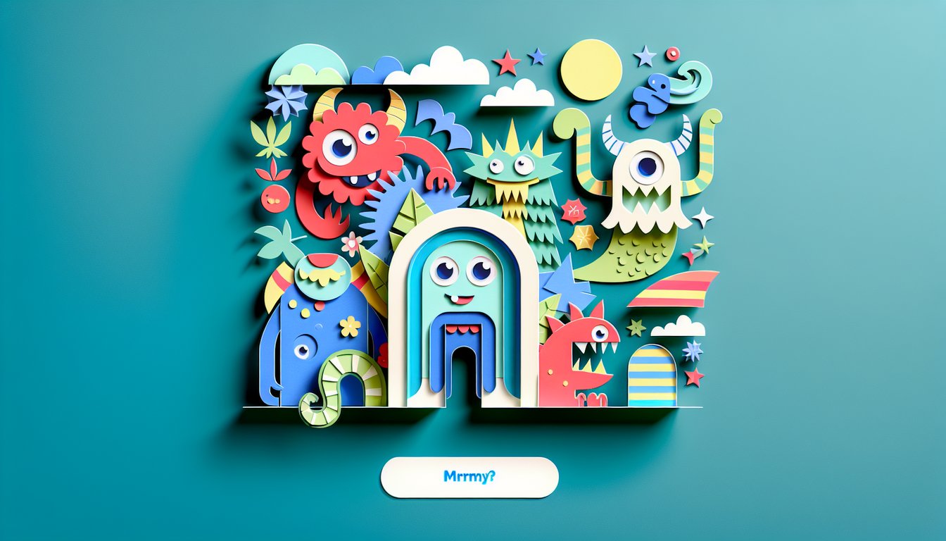 Paper cut art illustration for free Monsters University personality quiz on teal background with playful shapes and text