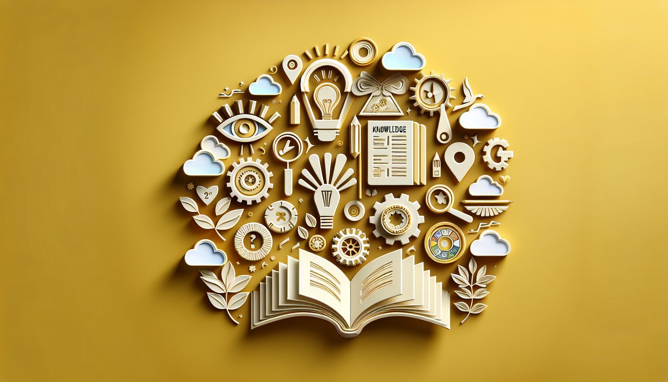 Paper art illustration of open book pages quill pen reading glasses over golden yellow background with pop quiz text accents