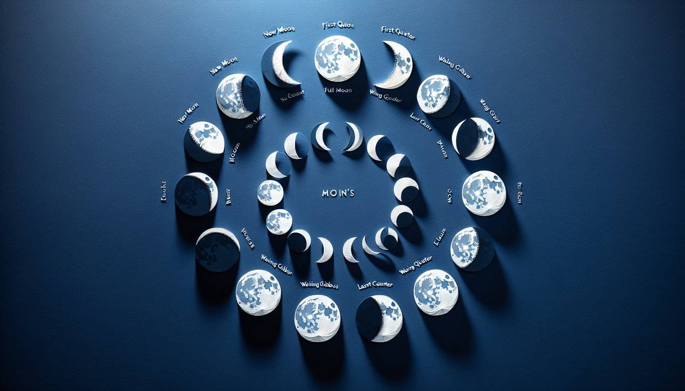 Paper art illustrating a trivia quiz about moon phases for high school science exams preparation.