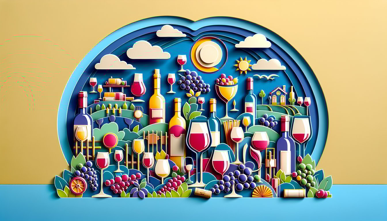 Paper art style wine glass grapes and quiz checklist on sky blue background for free wine trivia challenge