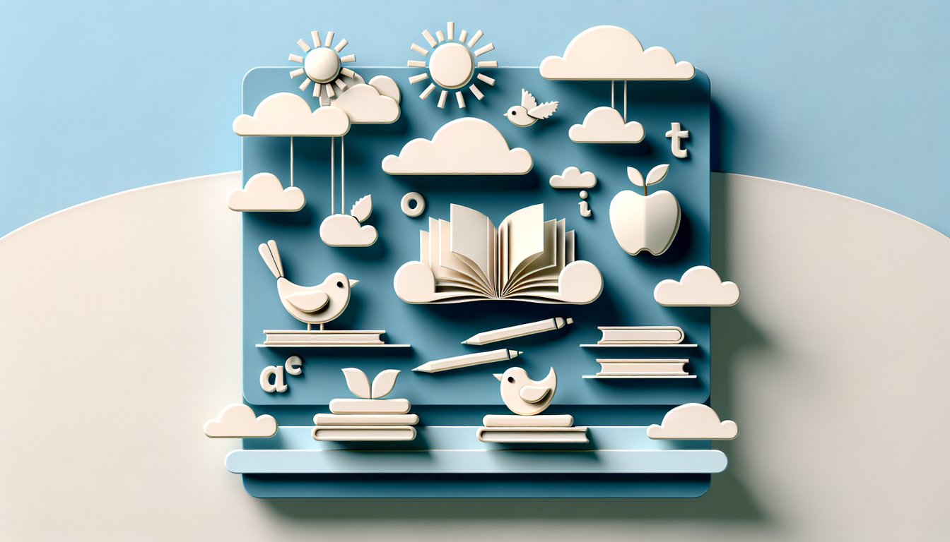 Paper art illustration for preposition quiz on a sky blue background