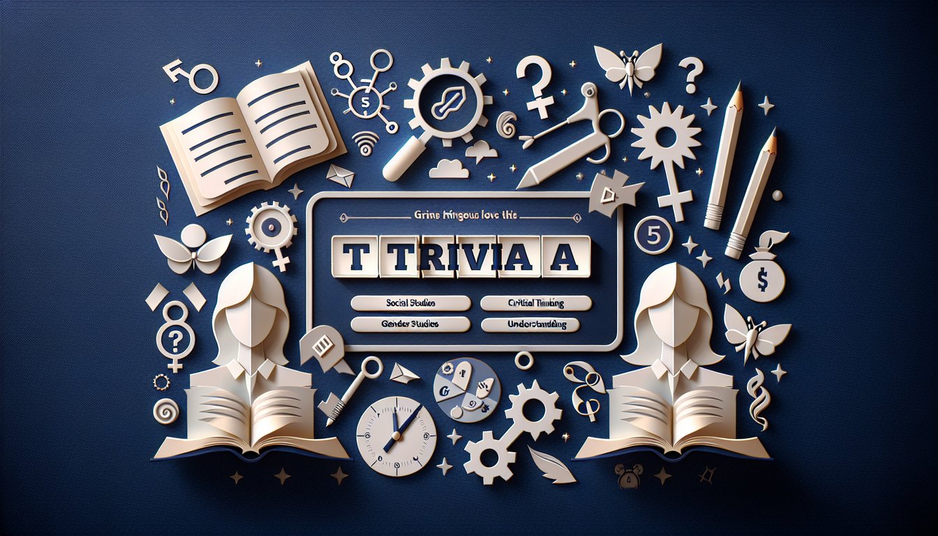 Colorful paper art promoting Gender Myth Busters trivia quiz for high school students.