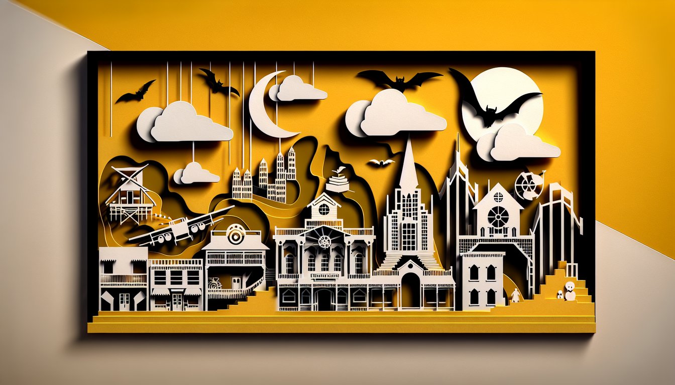 Paper art style film icons and question marks on golden yellow background for a movie genre quiz.