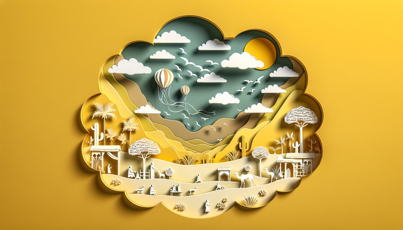 Paper art with kites and Afghan motifs promoting Kite Runner chapters 15-21 quiz on gold yellow background