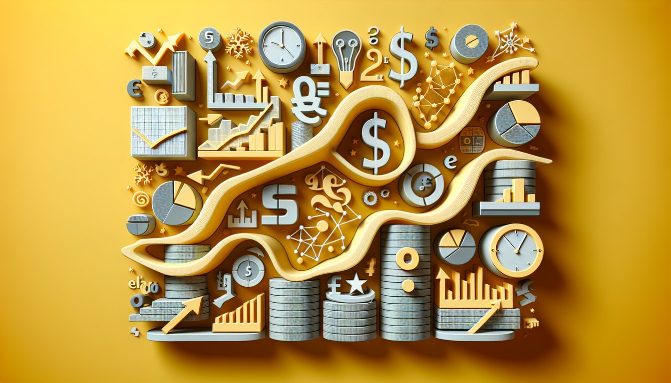 Paper art icons of supply and demand graphs and price tags on a golden yellow background for microeconomics elasticity quiz.