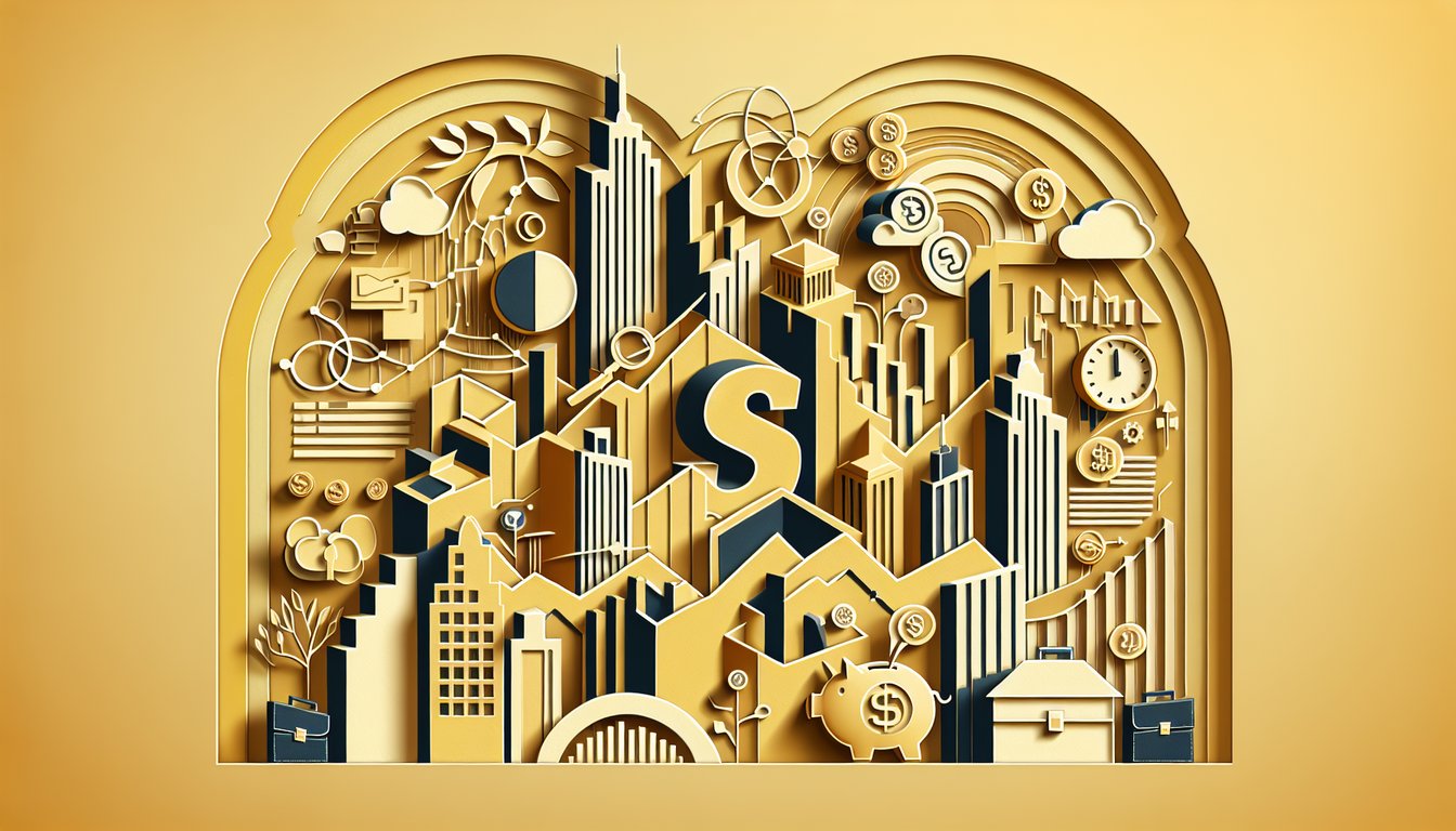 Paper art Business IQ Quiz text on finance investing vocabulary challenge on golden yellow background