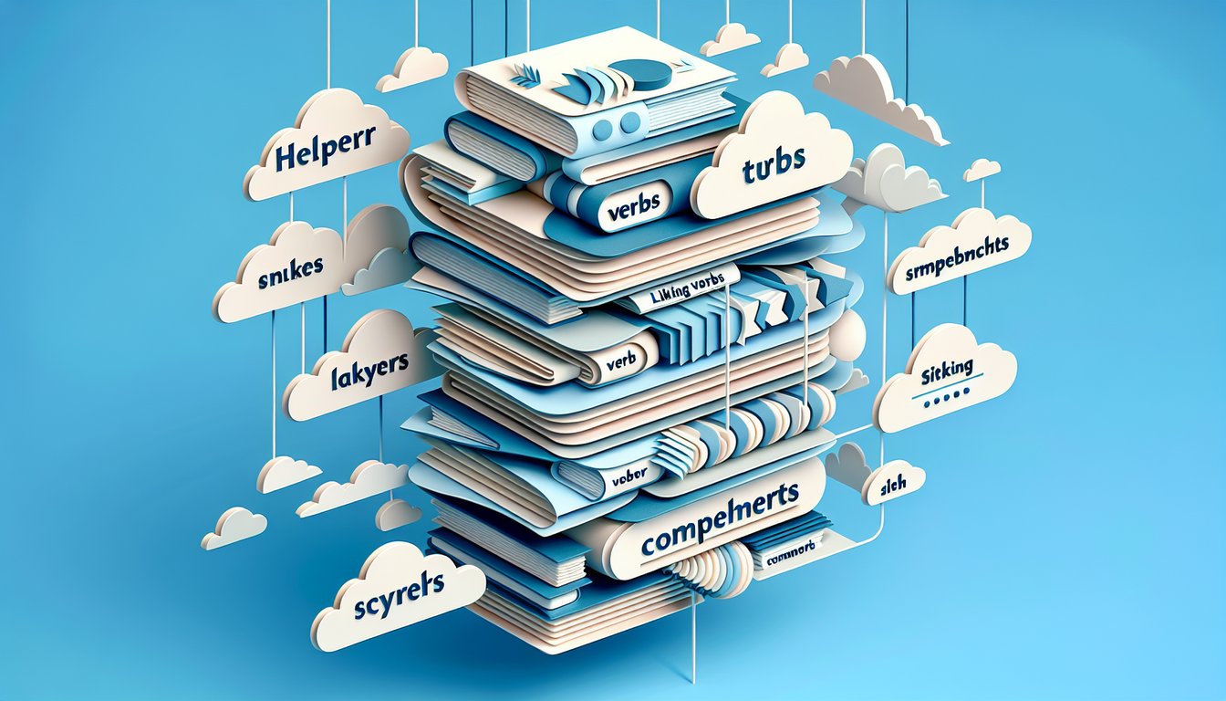 Paper art illustration for helping verbs grammar quiz on sky blue background with linking verbs complements and helpers