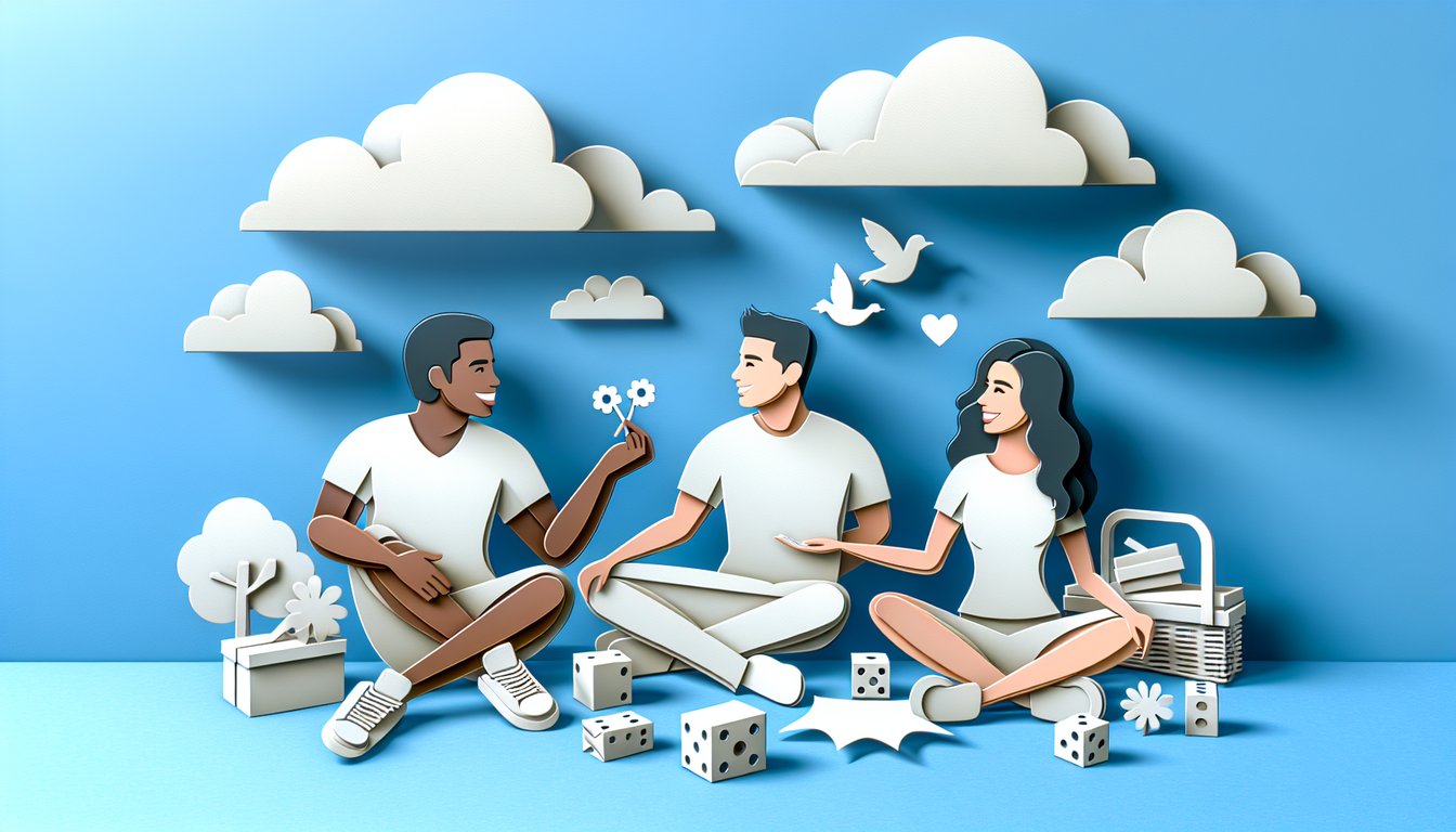 Paper art illustration for couples quiz with hearts speech bubbles question marks on sky blue background