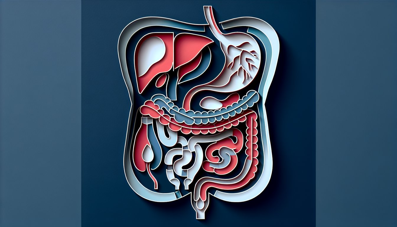 Paper cut illustration of abdominal organs floating over a dark blue background with quiz inviting anatomy challenge