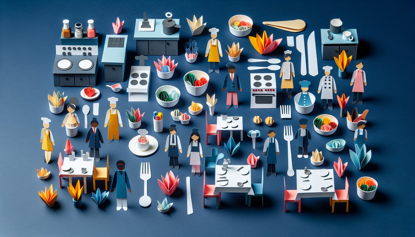 Colorful paper art depicting elements related to a restaurant staff knowledge test quiz.