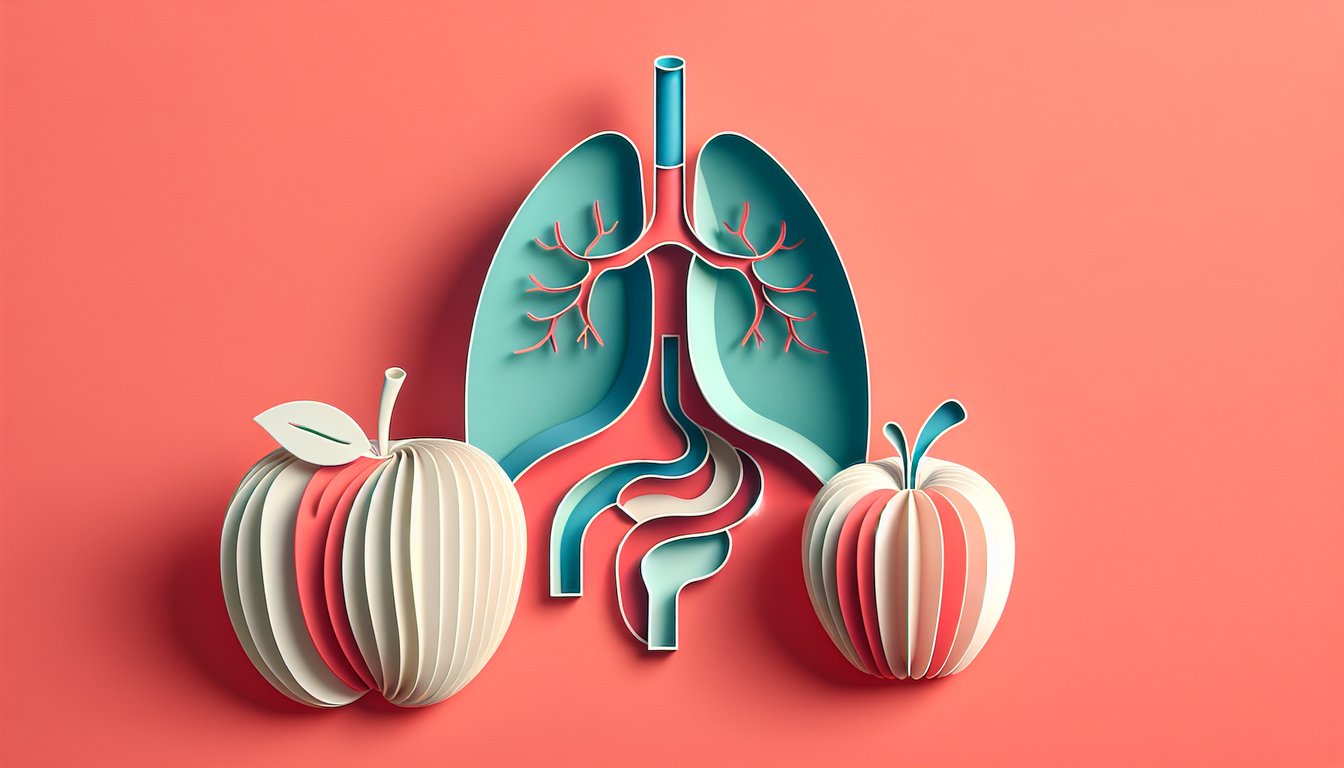 Paper art style digestive and respiratory quiz illustration on coral background showing stomach lungs enzymes airflow motifs