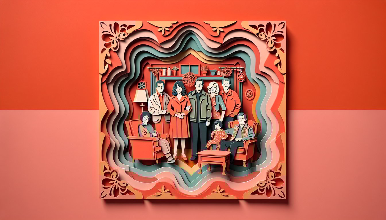 Paper art collage of Tanner family silhouettes speech bubbles quiz prompt text on coral background
