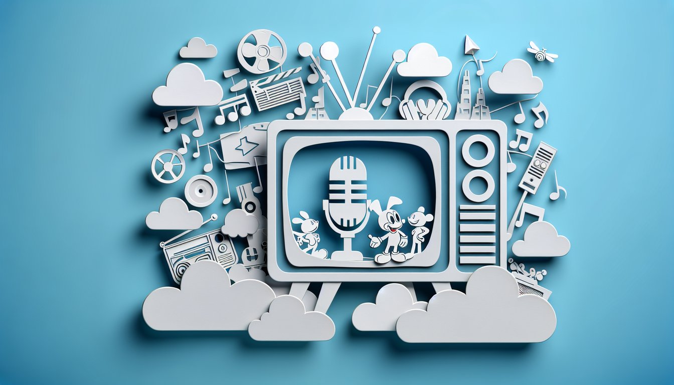 paper art illustration for vintage cartoon quiz with retro TV, musical notes, trivia cards on sky blue background