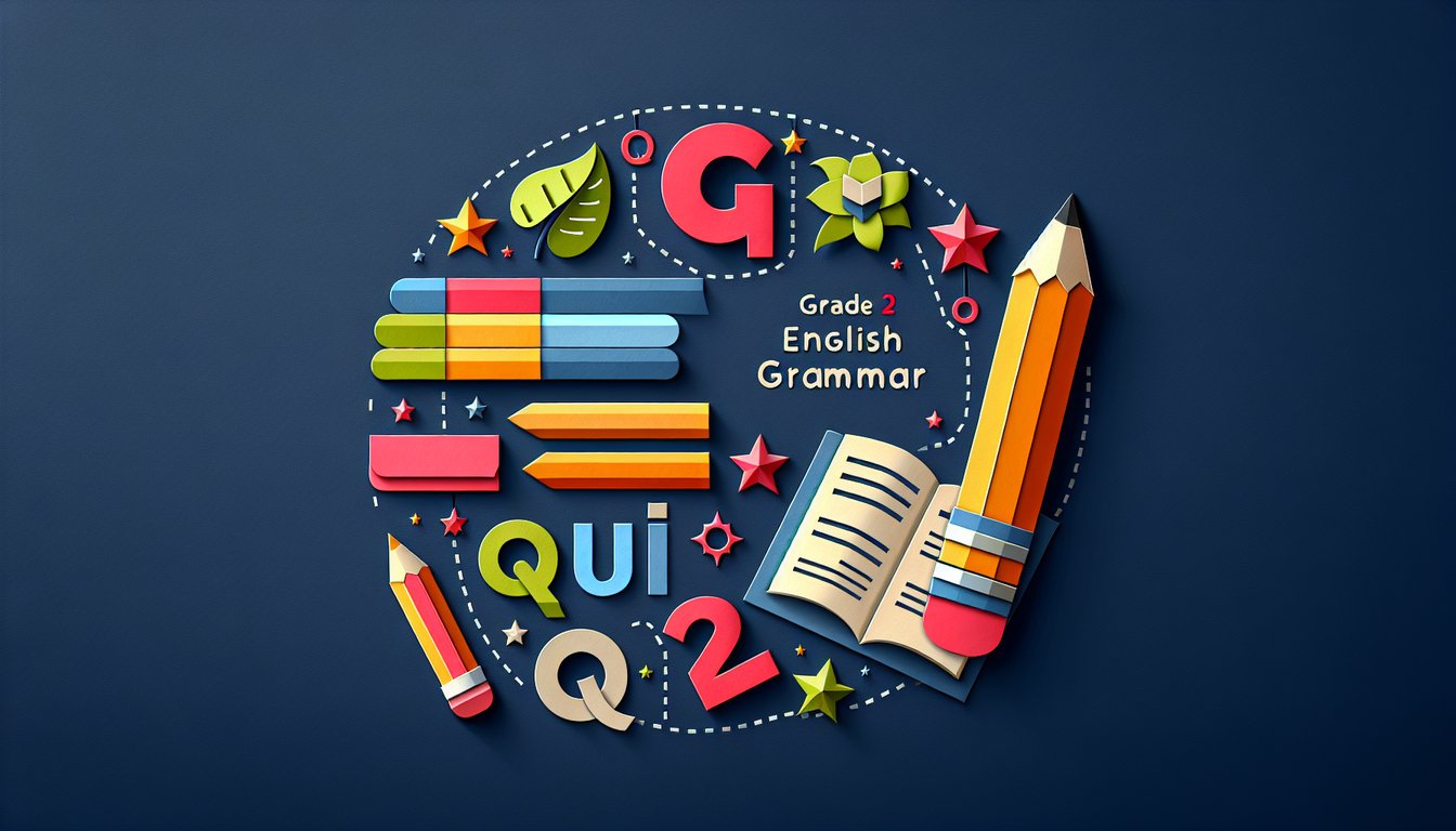 Colorful paper art displaying Grade 2 English Grammar Quiz theme.
