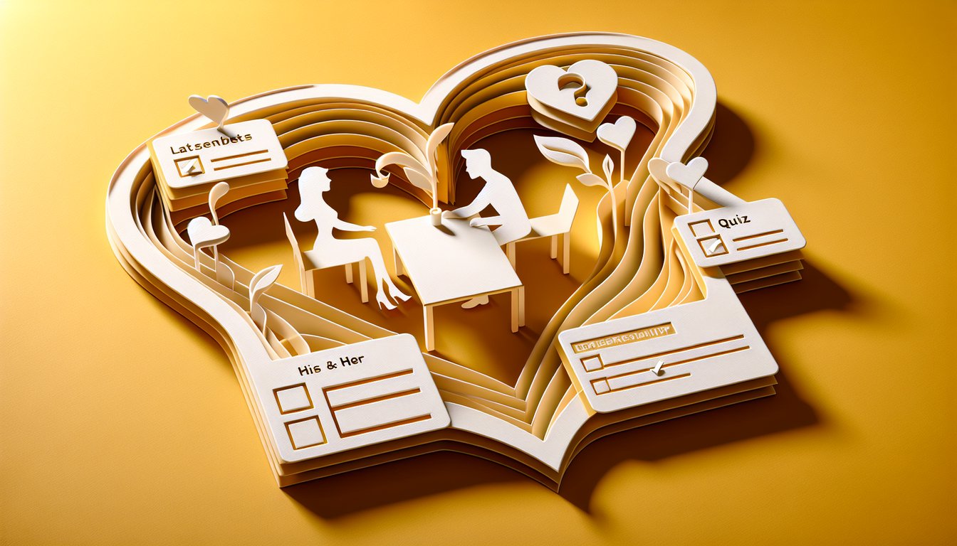 Paper art hearts chat icons question marks on golden yellow background relationship style quiz