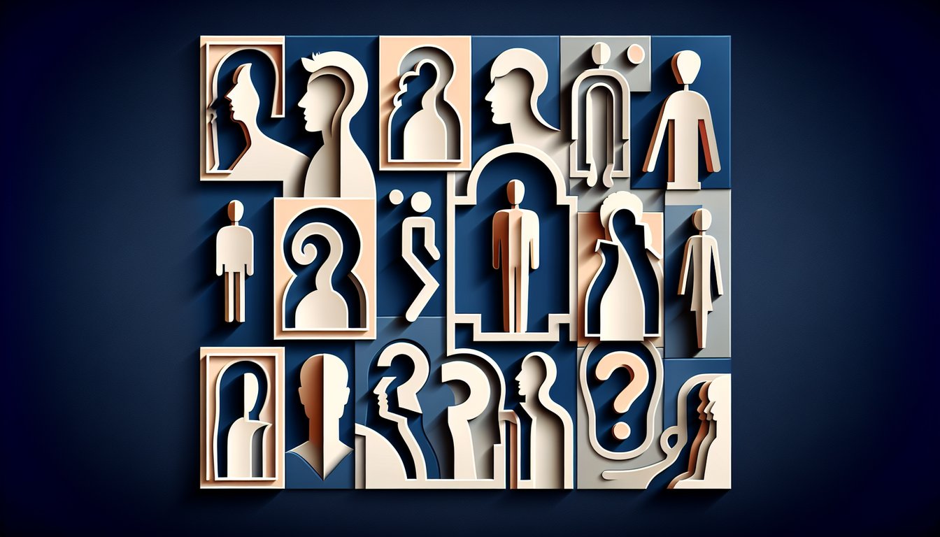 layered paper cutout character portraits surround bold quiz title text on dark blue background with white and pink accents