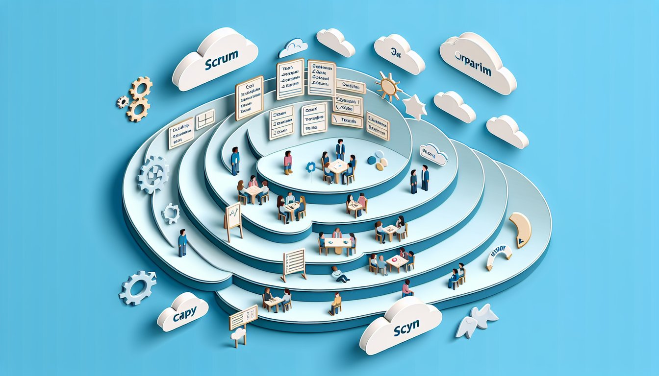 Paper art illustration for a SCRUM skills quiz on a sky blue background