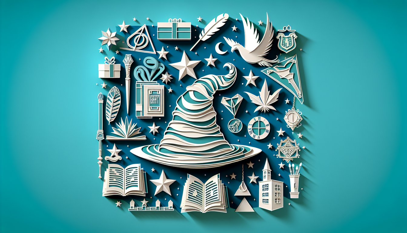 Paper art illustration for Hogwarts identity test quiz on teal background