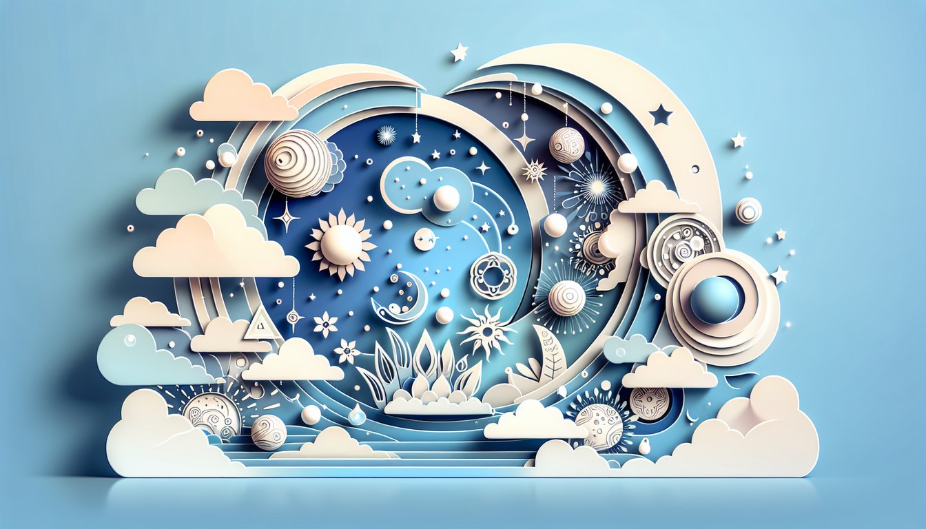 Paper art illustration of glowing lotus and sunburst shapes on sky blue background with floating stars and ribbons