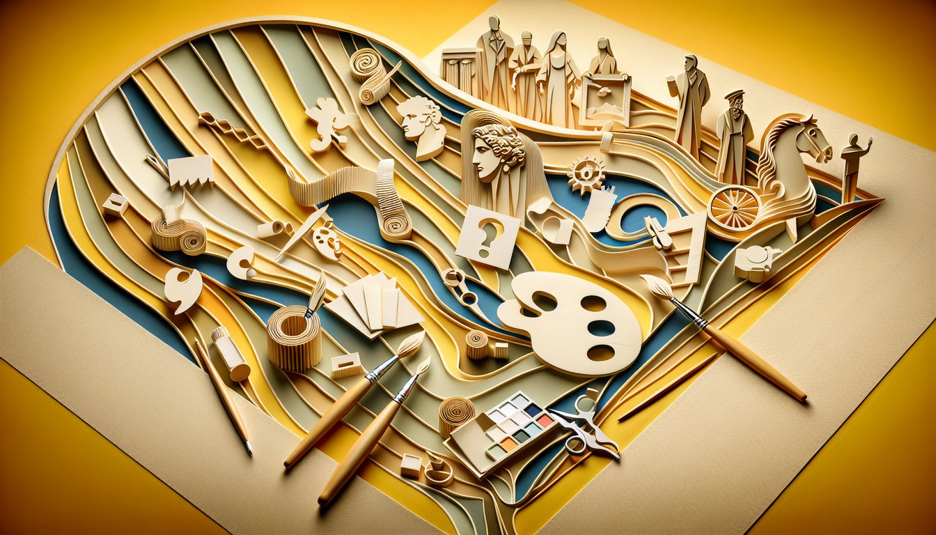Art-themed quiz invitation with paper cutouts on a golden yellow background