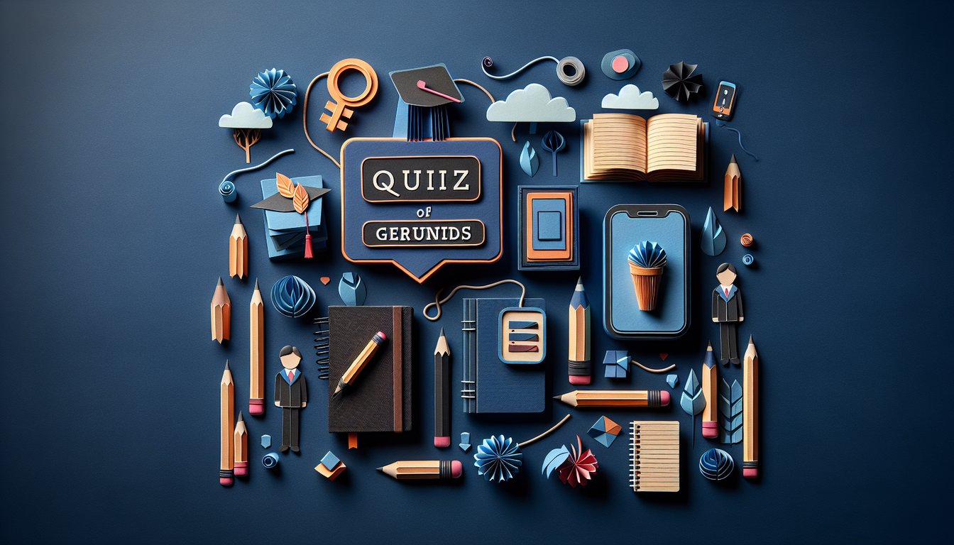 Colorful paper art promoting the Gerund Guru Challenge, a fun English quiz for students.