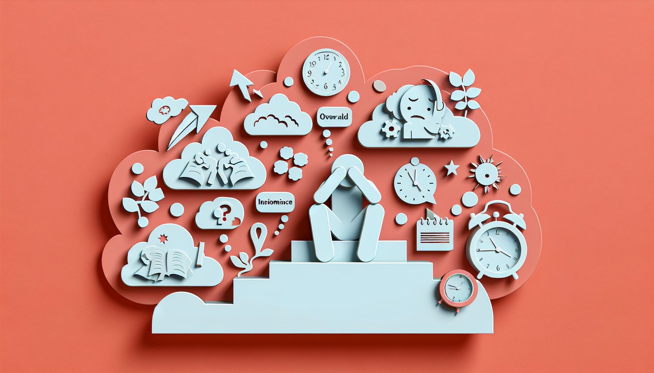Paper art illustration of person holding head with low battery icon and swirling thought shapes on coral background