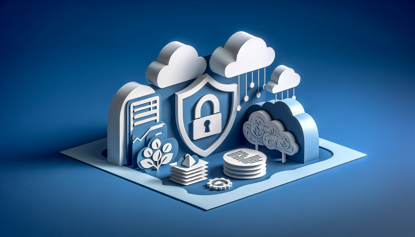 Paper art illustration showing a lock, shield, document and question marks on dark blue background for data privacy quiz