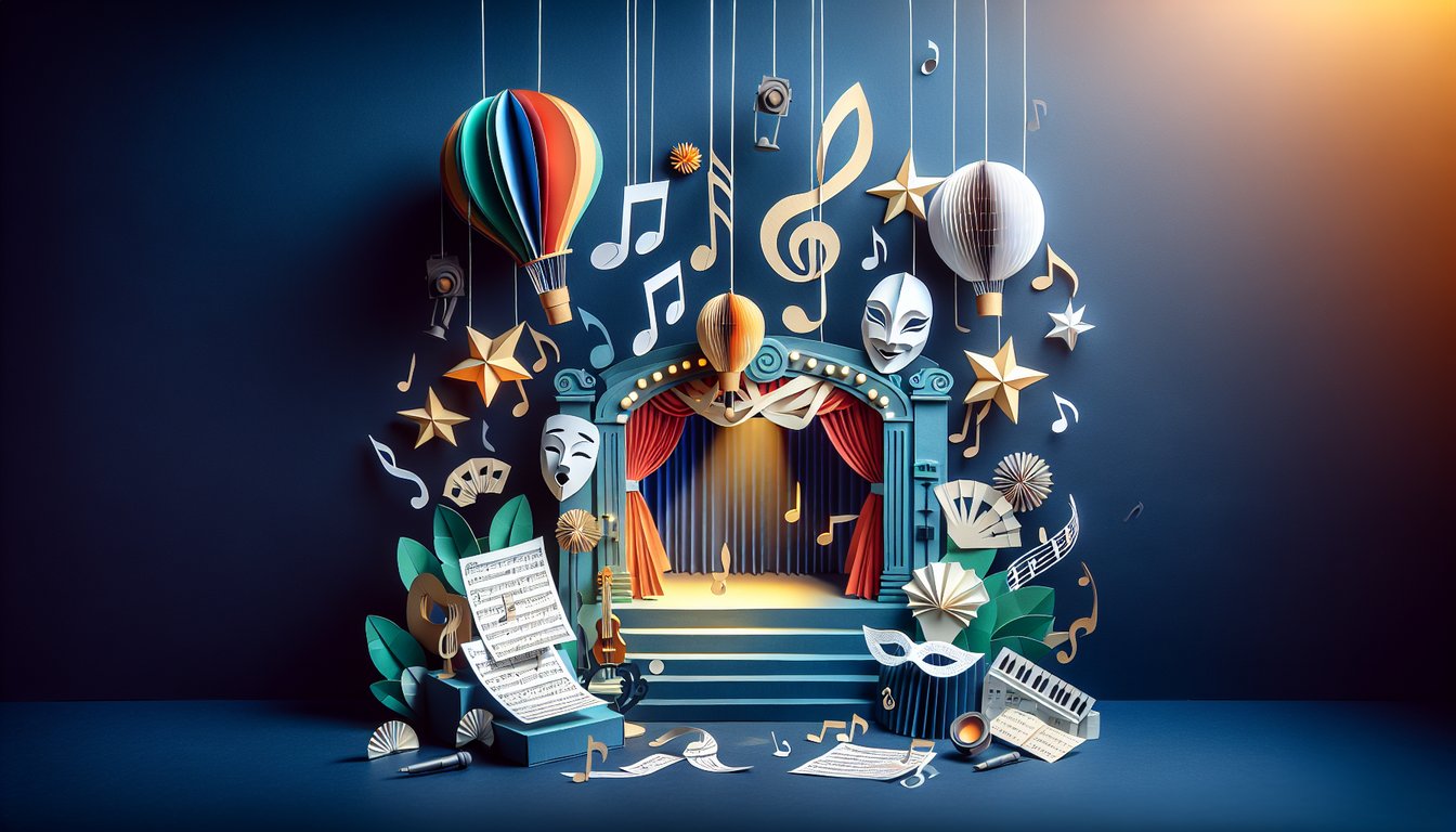 Broadway Balloon Quiz paper art promoting engaging musical theater trivia for high school students.