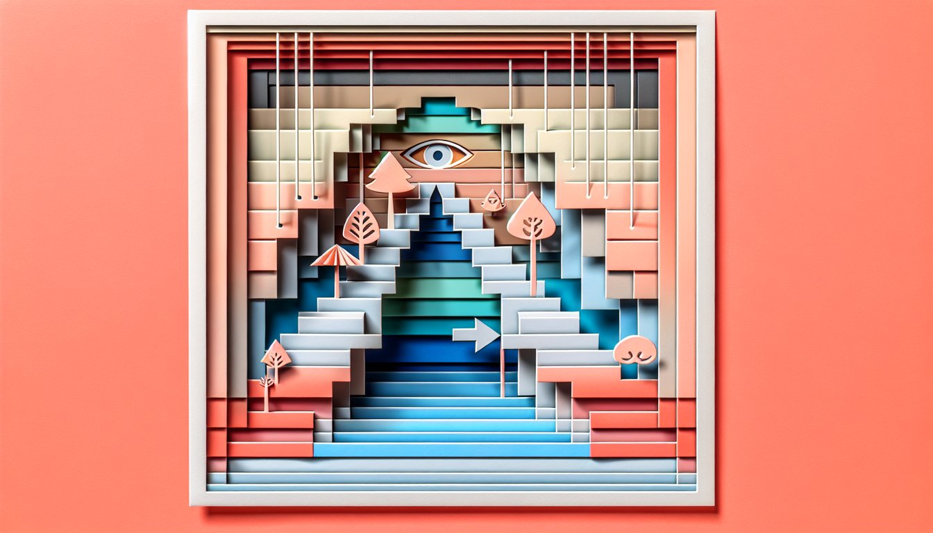 Paper art illustration for online tetrachromacy test on a coral background