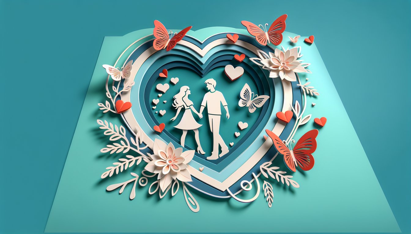 Paper art style heart cutouts speech bubbles quiz call to discover if he will be your boyfriend on teal background