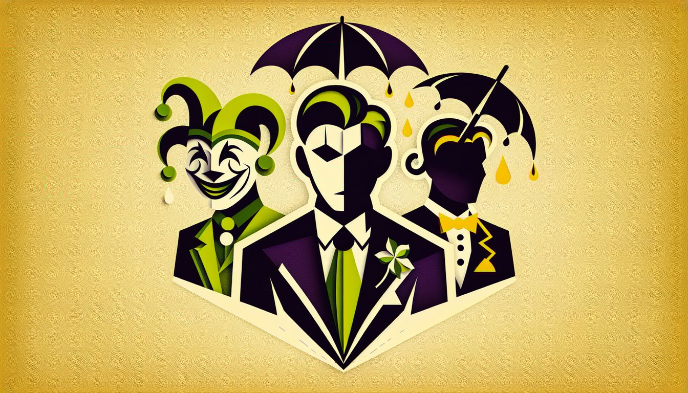 Paper art cutout masks of Joker Lex Luthor and Penguin layered on golden yellow background