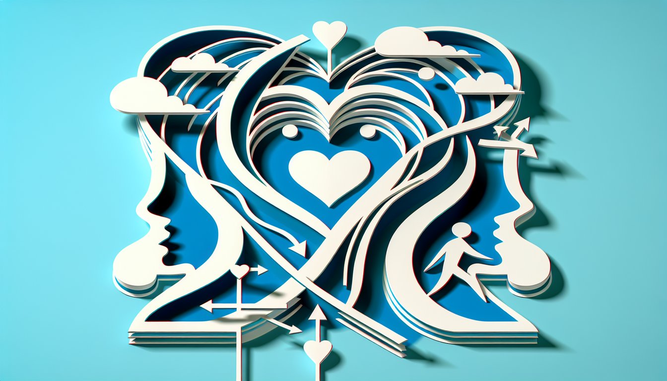 paper art cutout hearts and stylized question mark on sky blue background promoting free Do You Love Him quiz