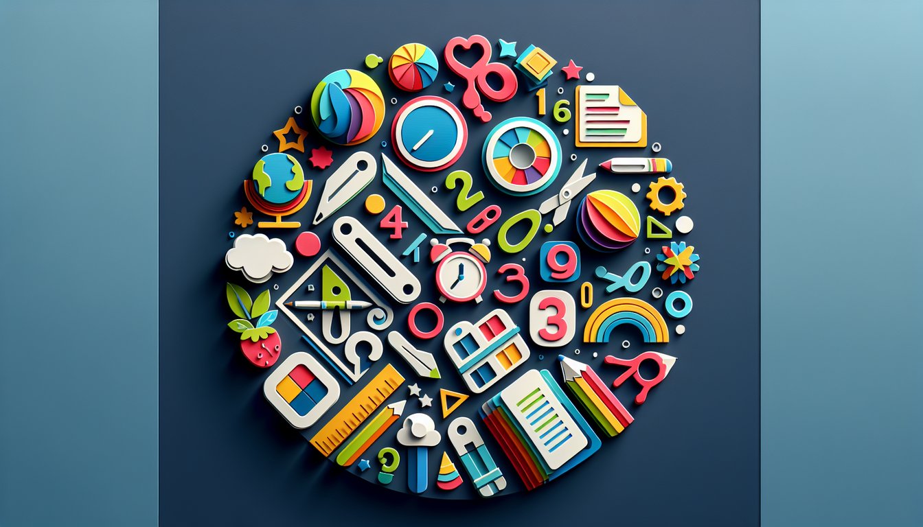 Paper art illustration for preschool trivia quiz on dark blue background featuring colors, shapes, numbers.