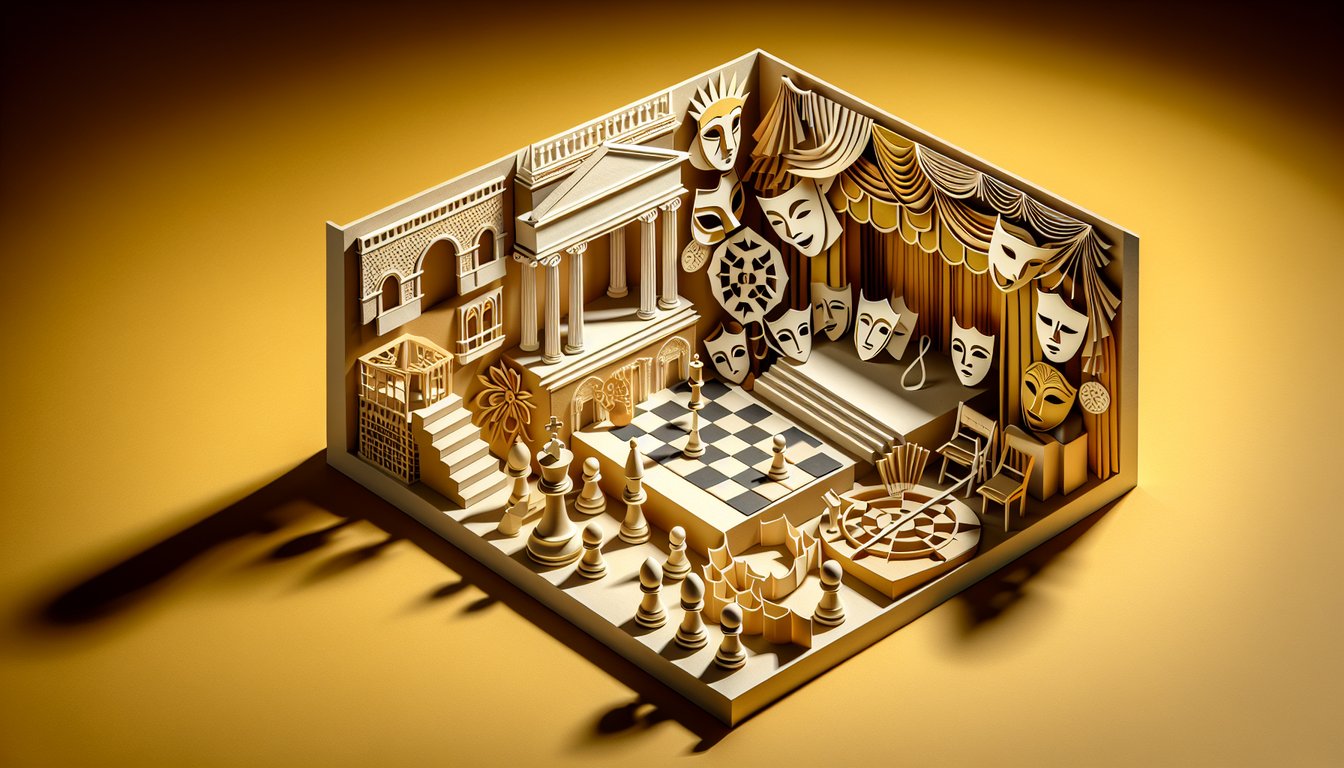 Paper art illustration for Othello quiz on a golden yellow background