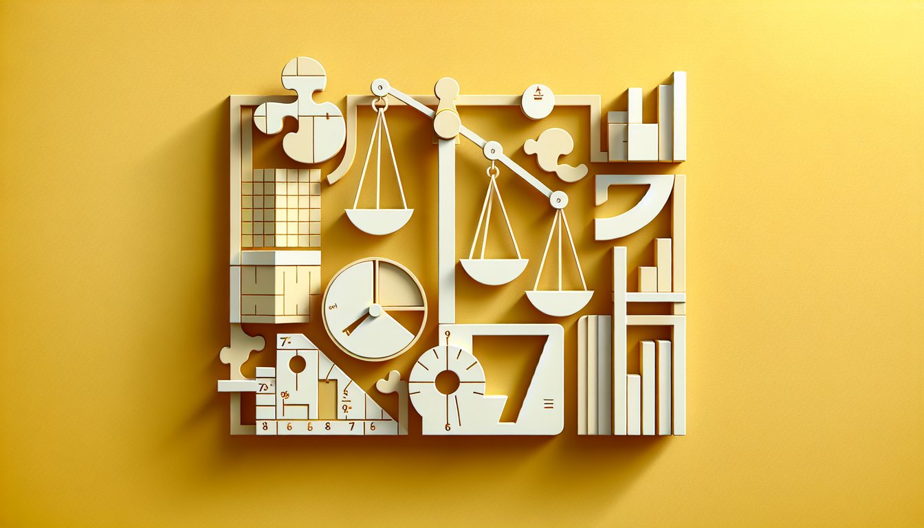 Paper art style math scene showing ratio symbols numbers rulers fun quiz elements on golden yellow background