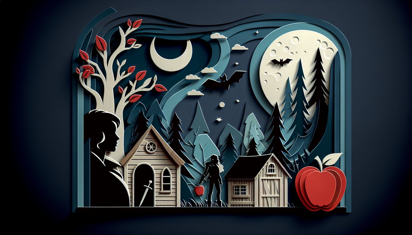 Paper art illustration of a woman with long hair and book pages with moon shapes for Bella quiz on dark blue background
